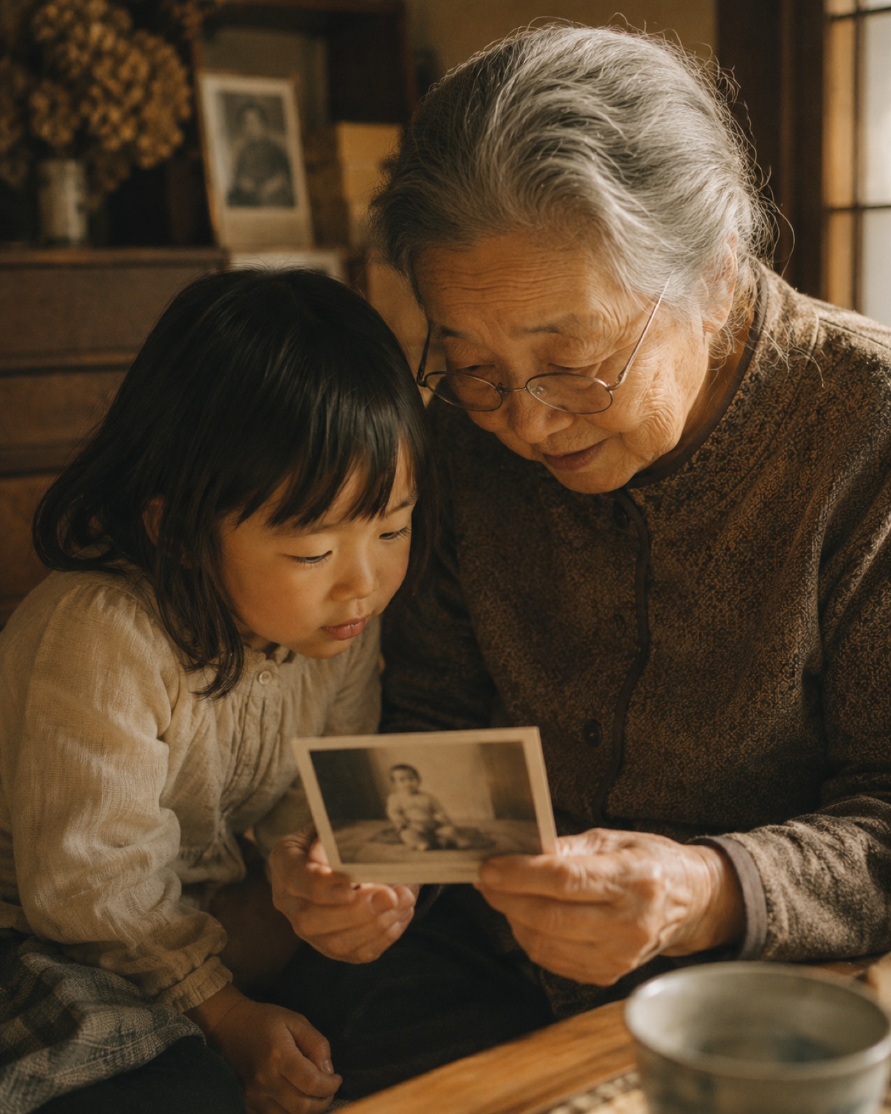 何十年後、祖母が孫に古い写真を見せる